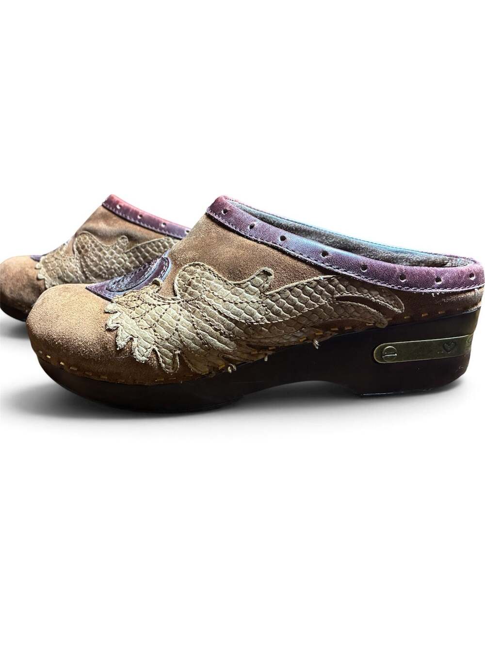Vintage Lucky Brand Fable Suede Peace Sign Angel Wing Clogs Mules